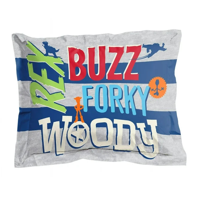 Toy Story character name sham lying on a wooden floor