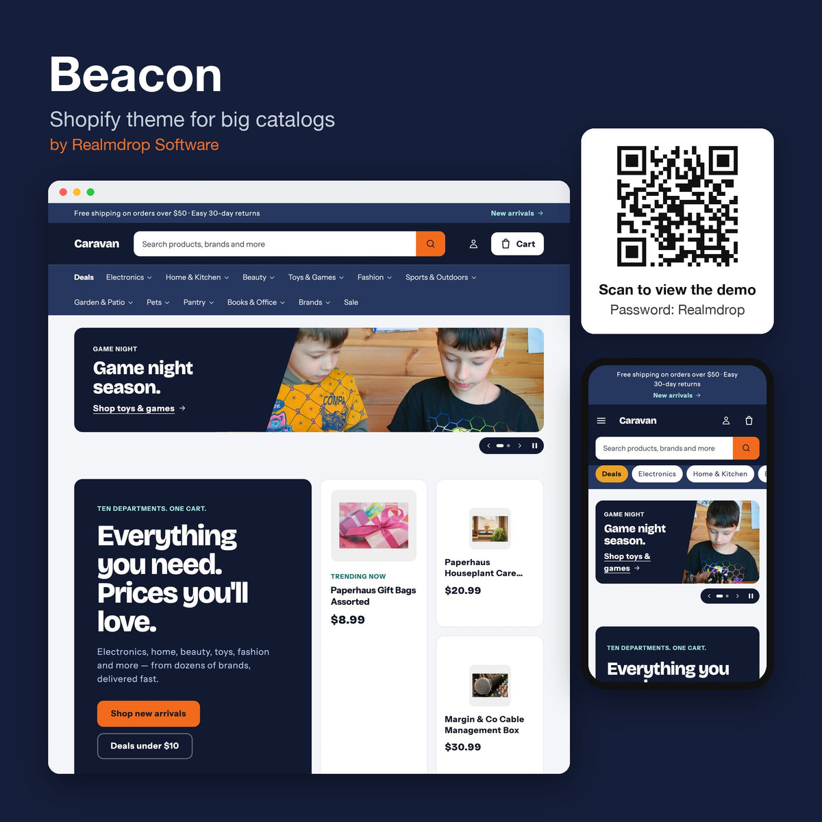 Beacon Shopify theme on a desktop browser and phone: navy header, department menu, game night banner and product cards, with a QR code to the demo store