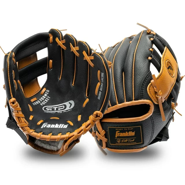 Side view of the black and tan glove under a large 8.5 inch tee ball label