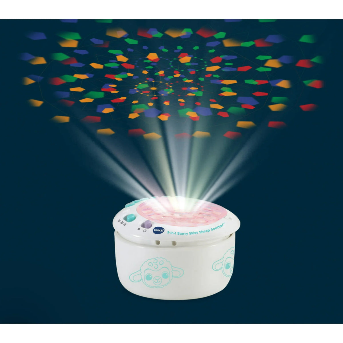 Projector puck with lamb print casting colourful shapes in a dark room