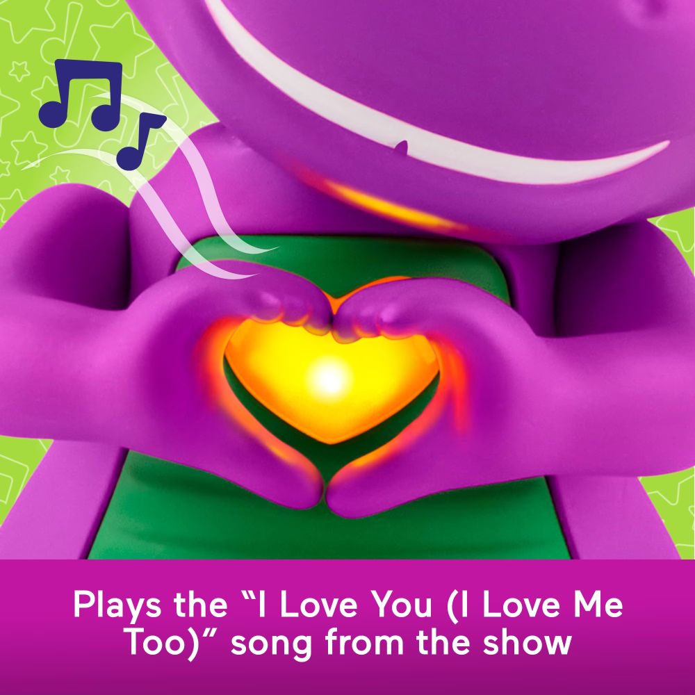 Close-up of Barney's hands in a heart shape around his glowing yellow heart