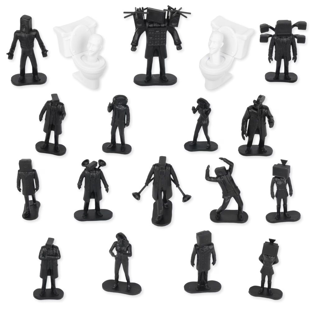 All 20 Skibidi Toilet battle figures laid out: black characters and two white toilets