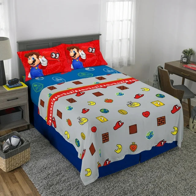 Super Mario Full Sheet Set, Gaming Bedding, Gray and Red, Nintendo