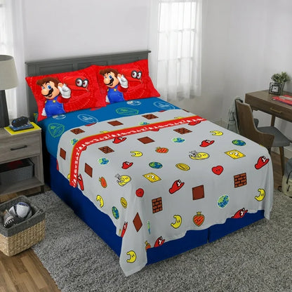 Super Mario Full Sheet Set, Gaming Bedding, Gray and Red, Nintendo