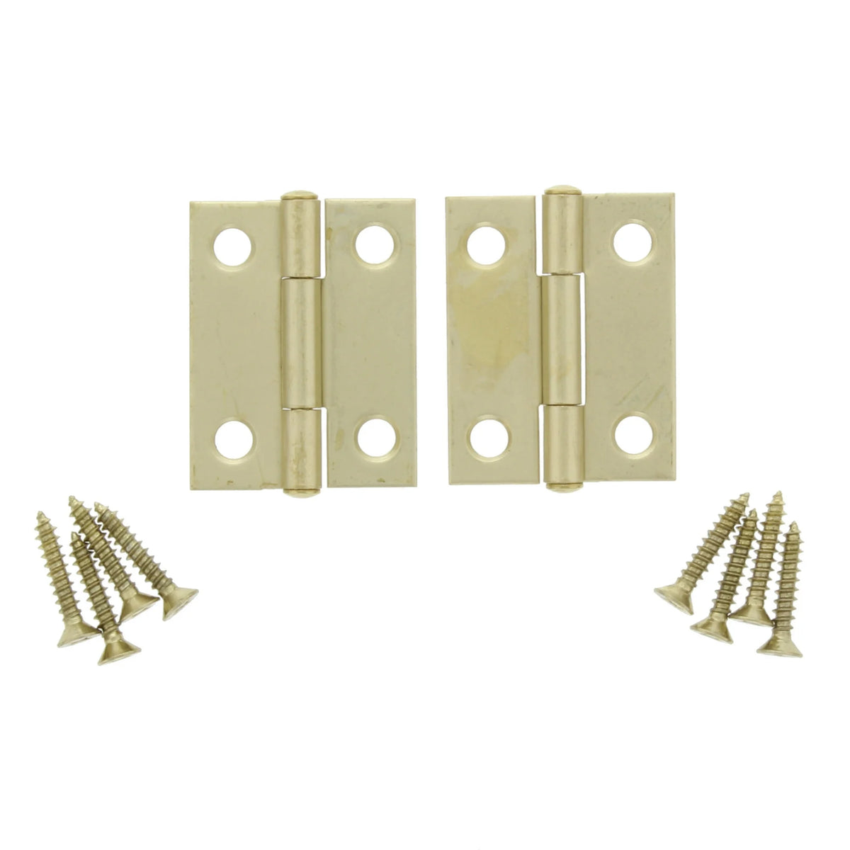 Two brass-plated hinges with eight matching flat-head screws
