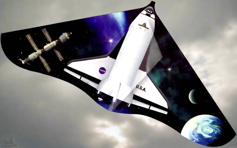 Space shuttle delta kite against a cloudy grey sky