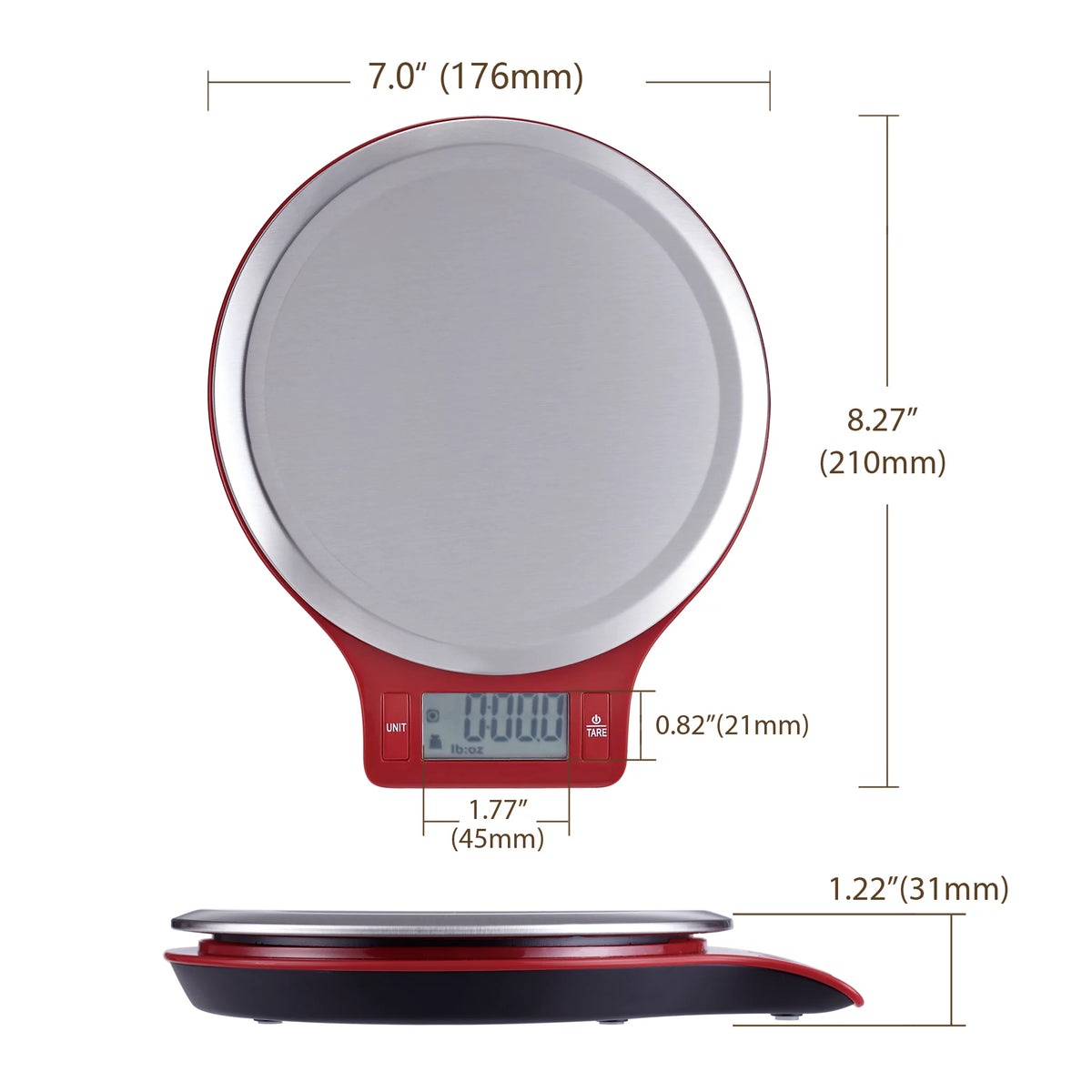 Scale dimensions: 8.27 by 7 inches, 1.22 inches tall