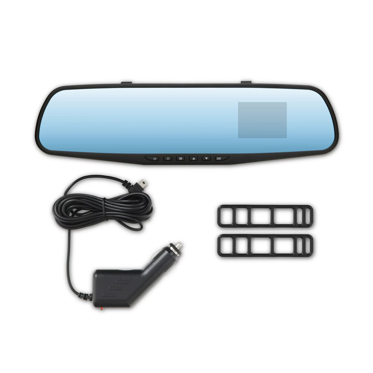 Mirror dash cam with car charger cable and two rubber mounting straps