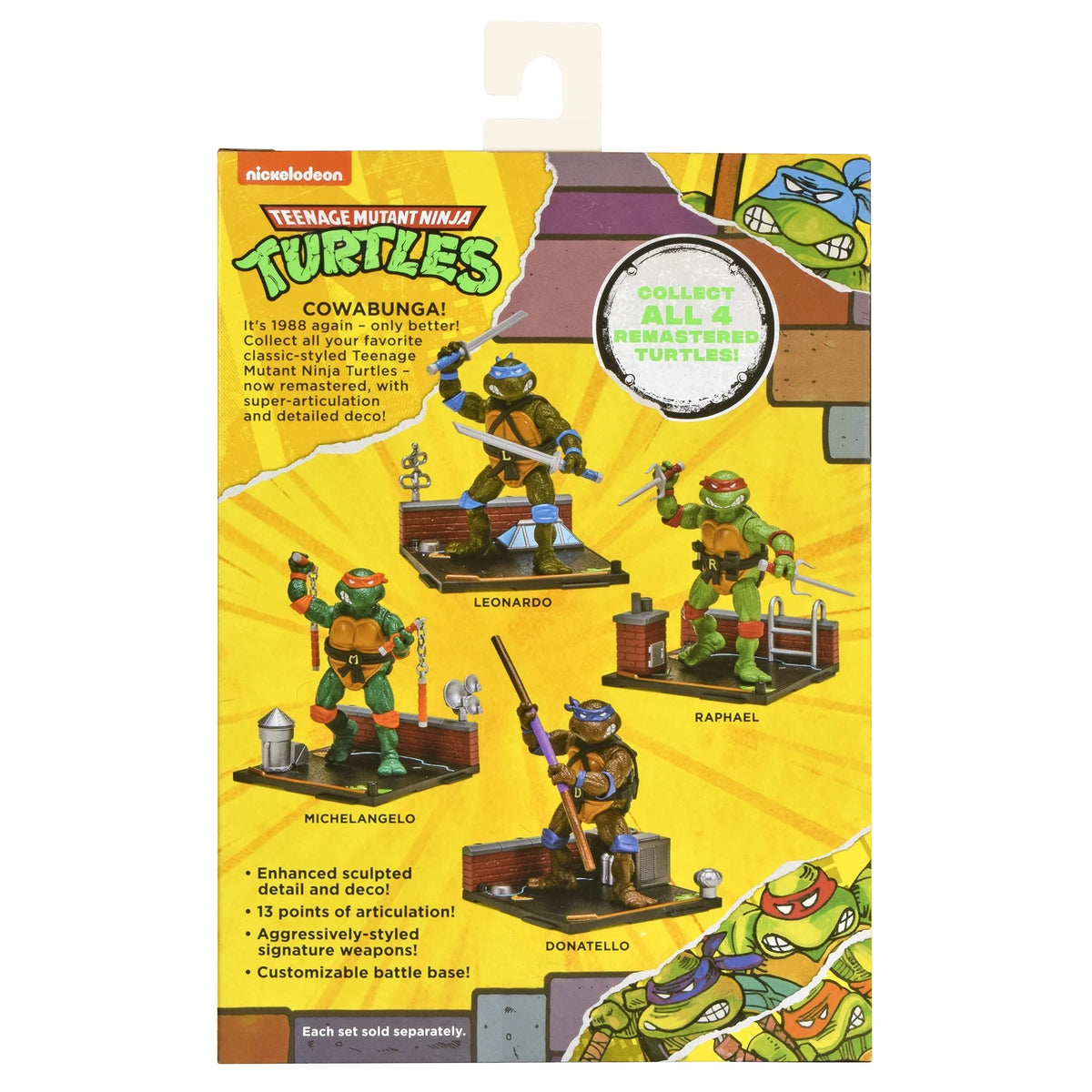 Back of the figure box showing all four remastered turtles on rooftop bases