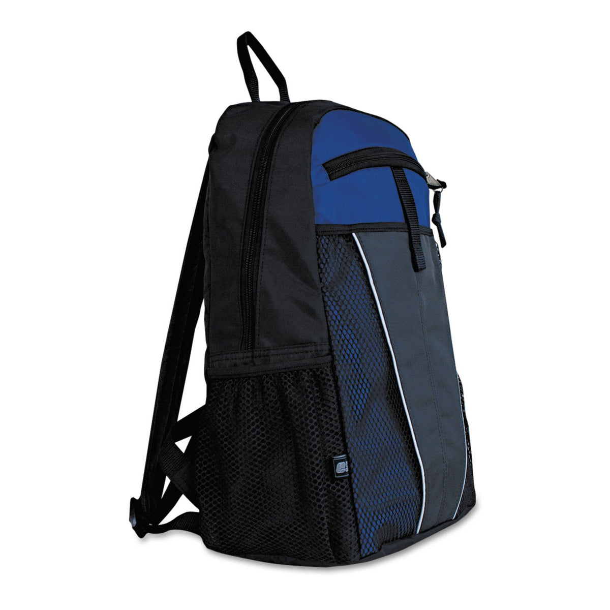 Black and royal blue backpack with mesh front panel and side pockets
