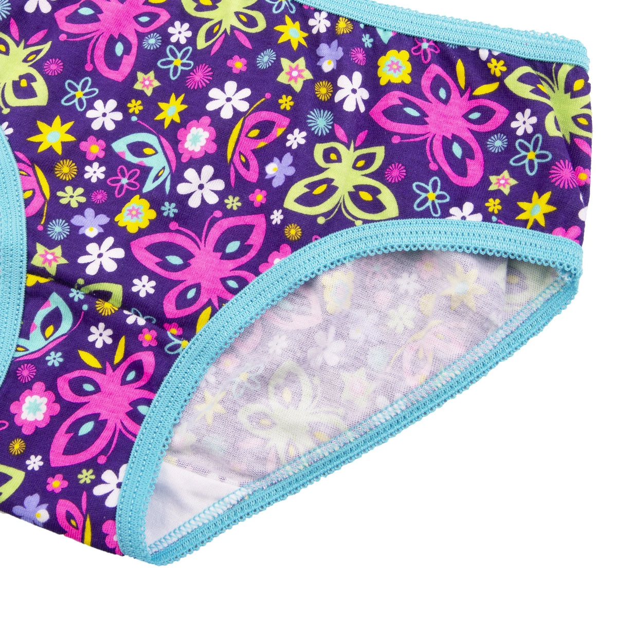 Close-up of purple briefs printed with pink and green butterflies and flowers