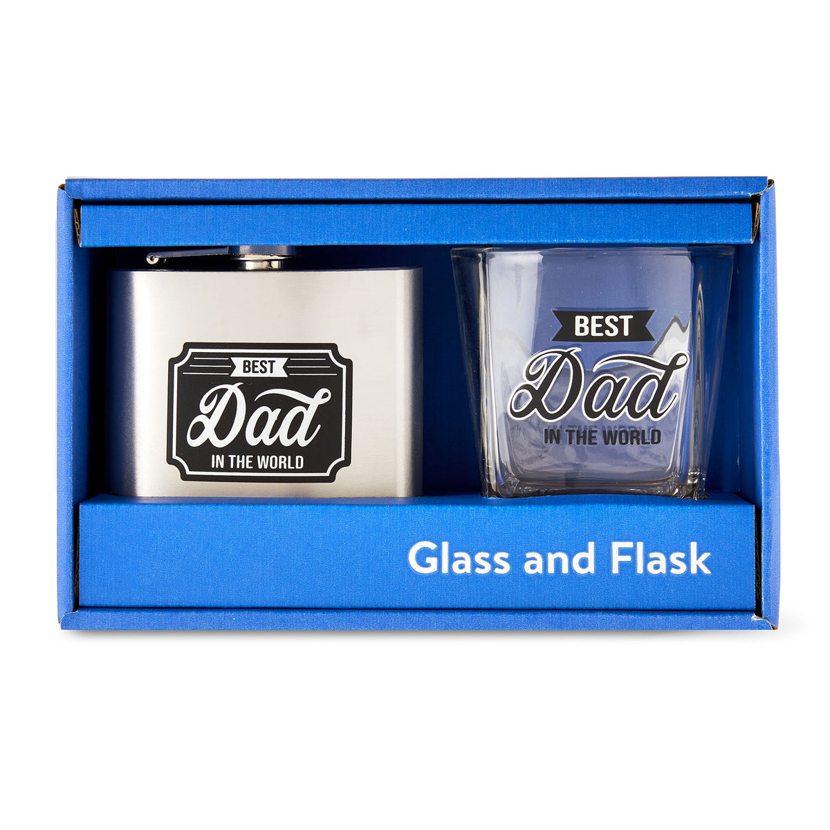 Steel flask and rocks glass printed Best Dad in the World in a blue gift box