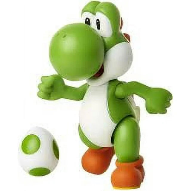 Green Yoshi figure with orange boots beside a green spotted egg