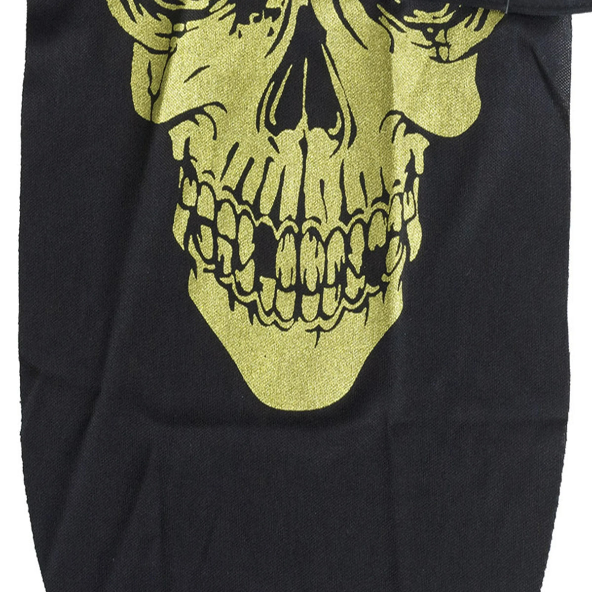 Close-up of the black face mask printed with a glittery gold skull jaw