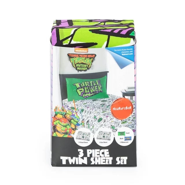 Twin sheet set package front with the turtles and microfiber badge