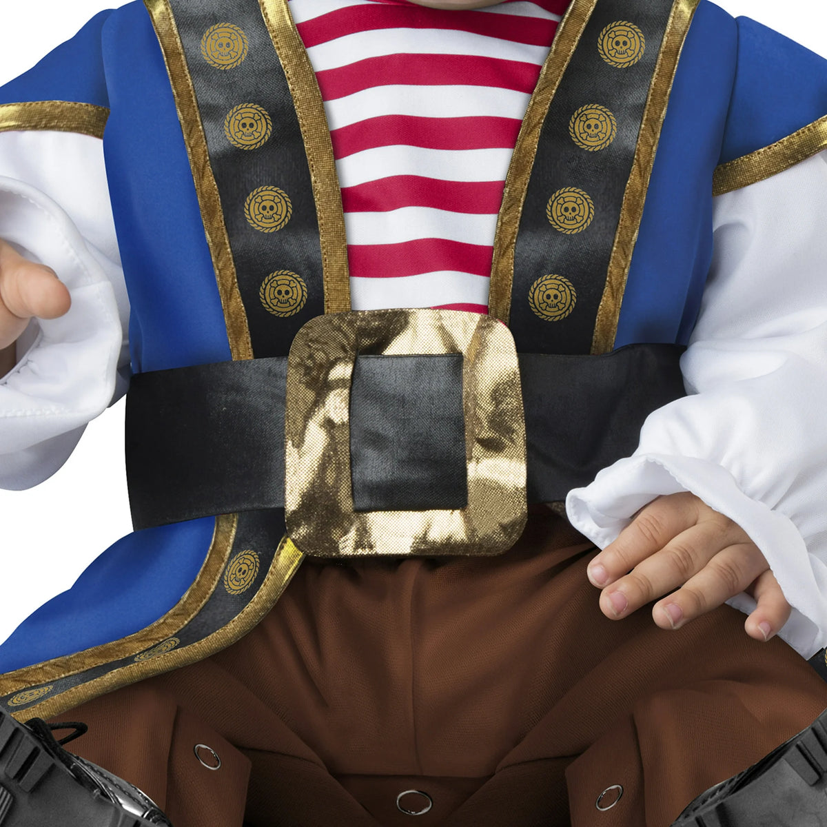 Close-up of the pirate jumpsuit's striped shirt, skull button trim and gold buckle