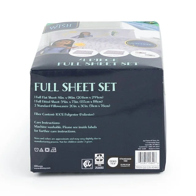 Back of the full sheet set package listing sheet sizes and care