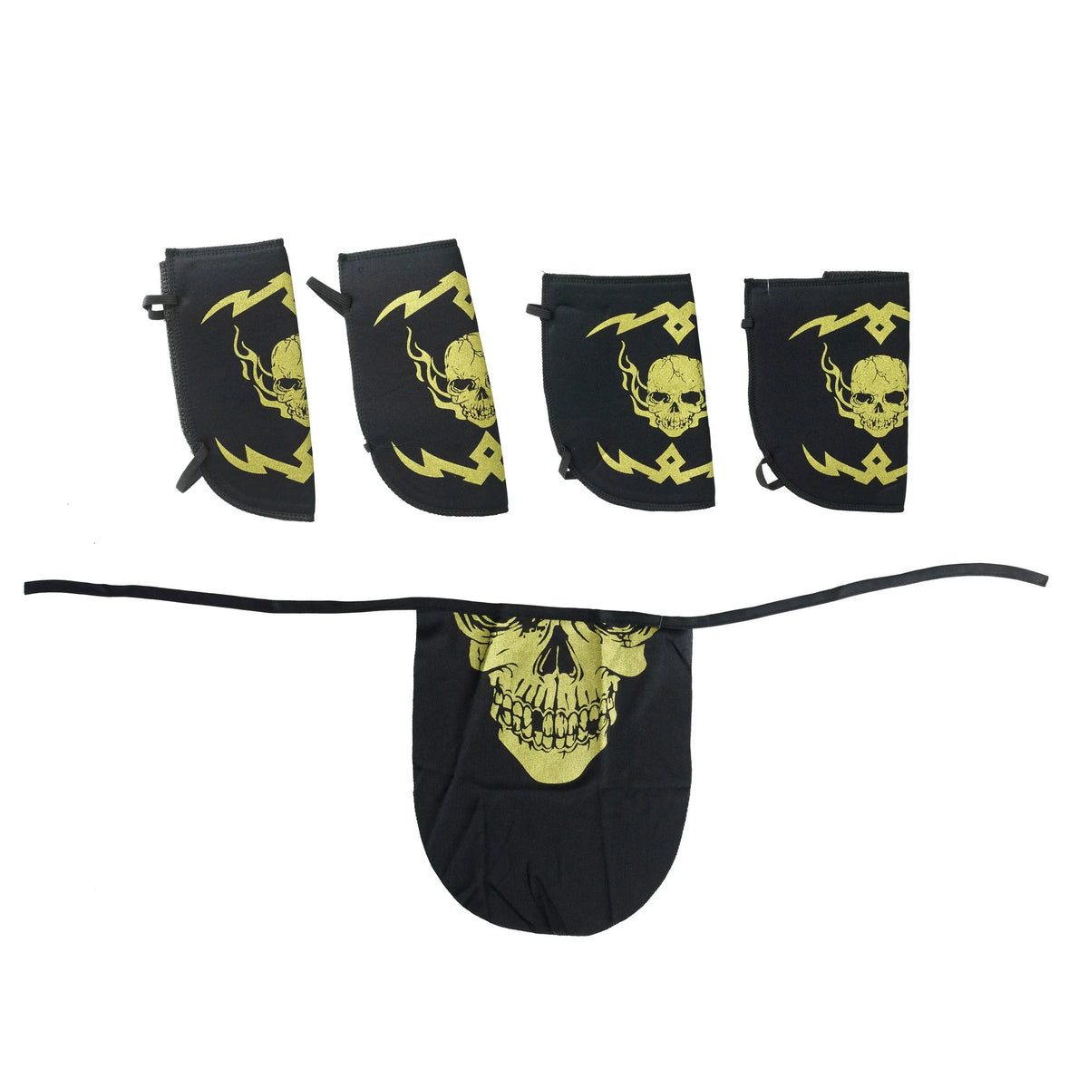 Four gold skull-print wrist and shin guards and a skull face mask laid flat