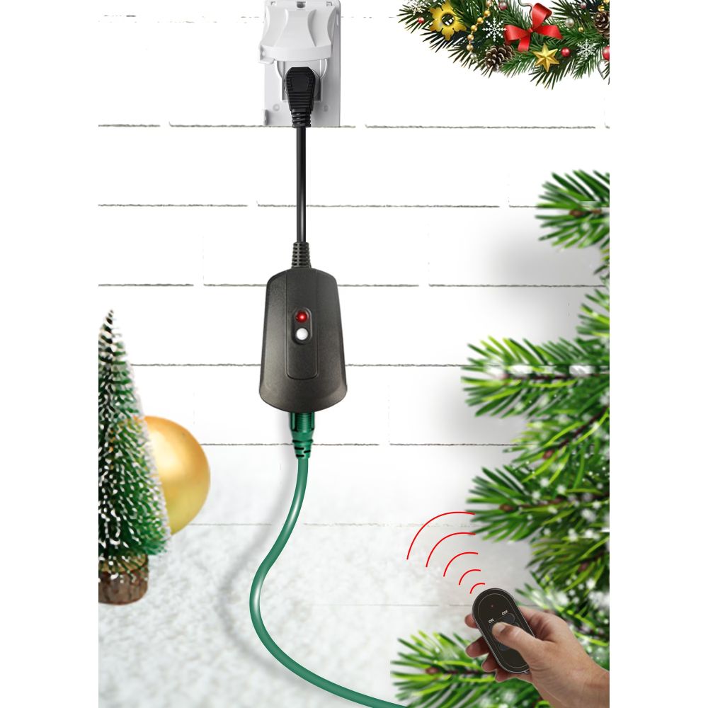 Single-outlet wireless receiver plugged into a wall powering a green holiday light cord, remote in hand