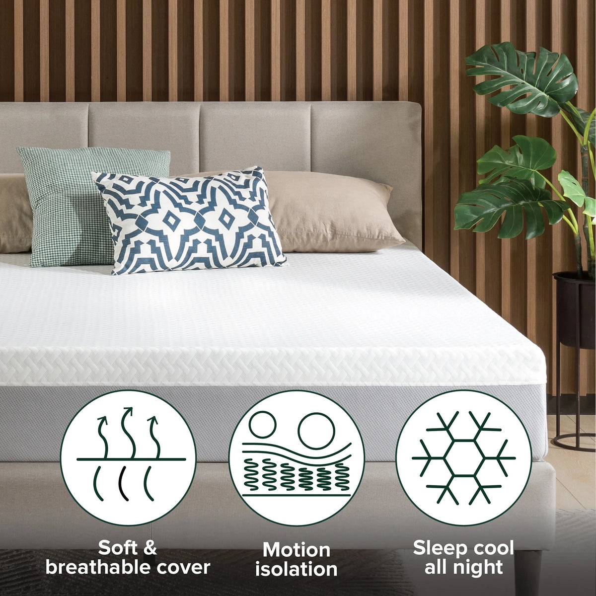 Mattress on a bed with icons for breathable cover, motion isolation and cooling