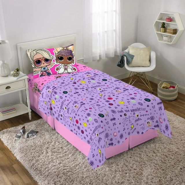 Bedroom with the purple and pink doll sheet set on a twin bed