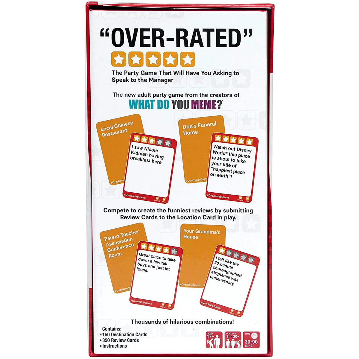 Back of the game box with sample location and review card pairings and contents