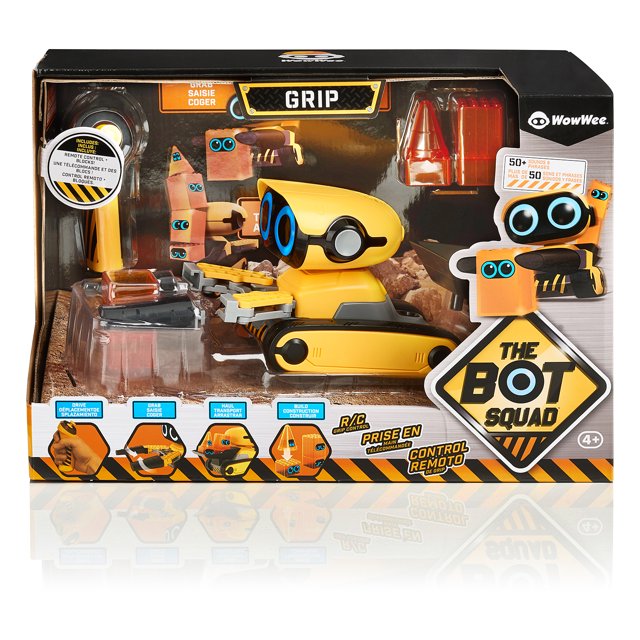 Front of the boxed construction robot with drive, grab, haul and build icons