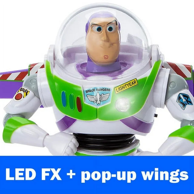 Close-up of Buzz Lightyear with chest light glowing and wings out