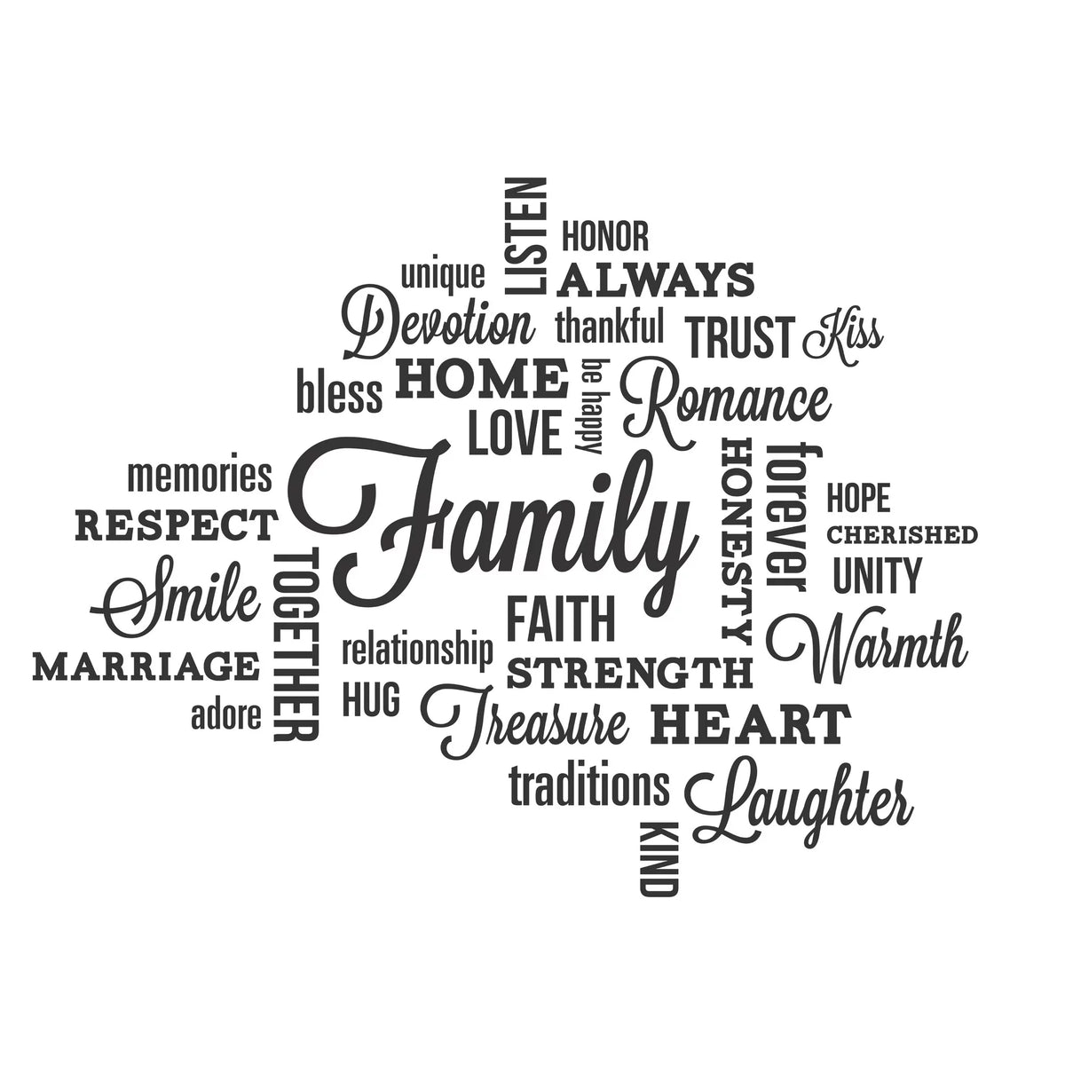 Black word cloud decal layout with Family in script surrounded by home, love, faith and more