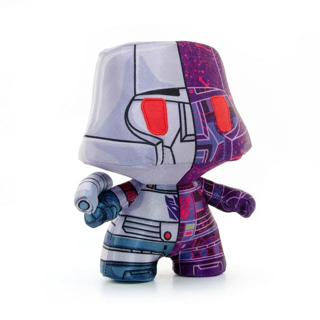 Angled front view of the half silver, half purple Megatron plush