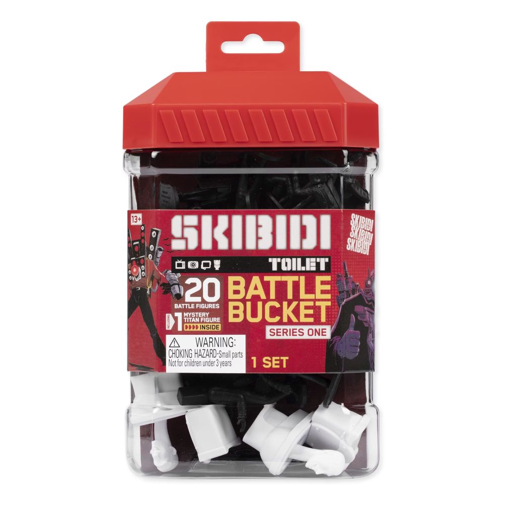 Front label of the Skibidi Toilet Battle Bucket Series One, 20 battle figures