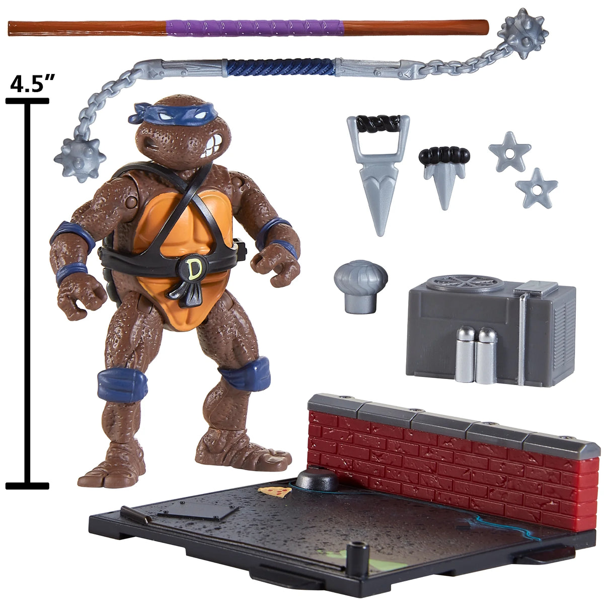 4.5 inch purple-masked turtle figure with bo staff, flail, air unit and brick wall base
