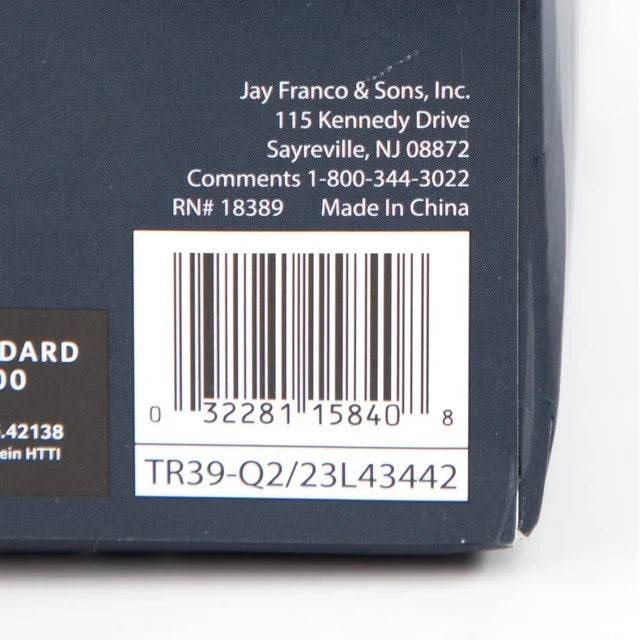 Close-up of the package barcode and maker's address