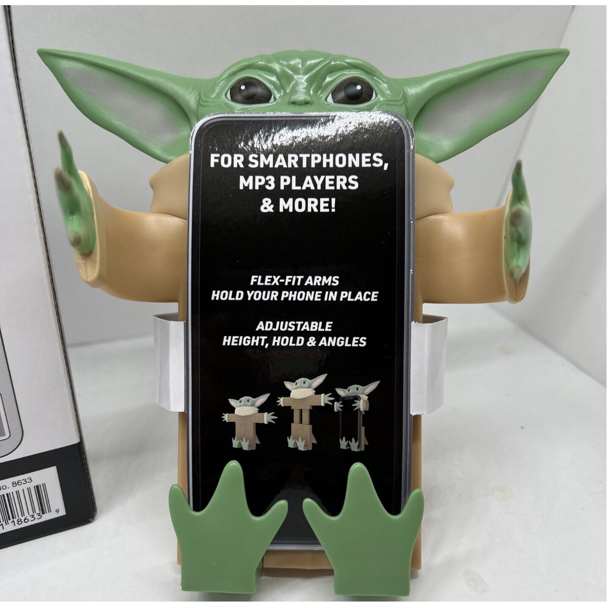 Close-up of the Grogu holder: flex-fit arms, adjustable height and angles
