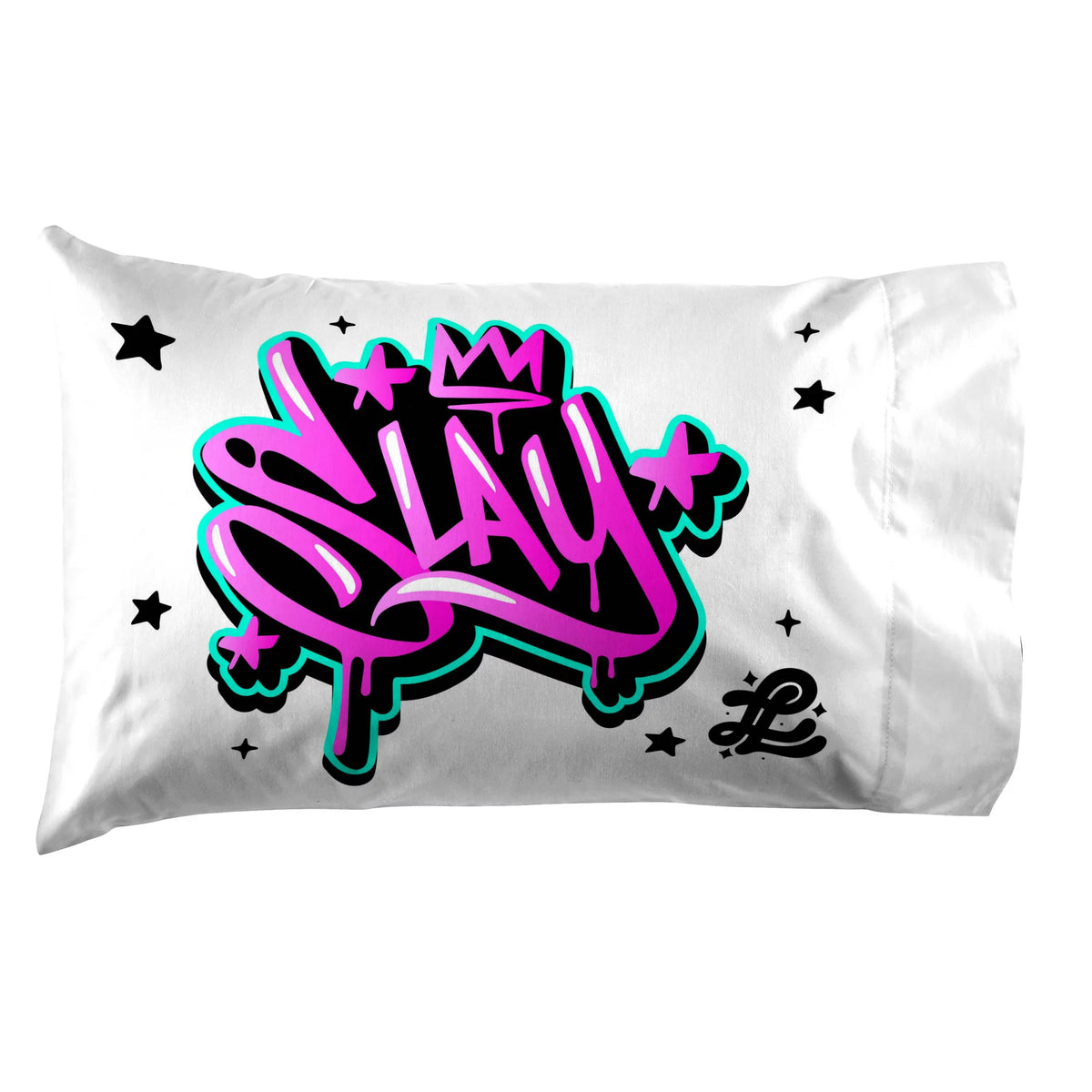White pillowcase with pink and teal graffiti Slay lettering and a crown