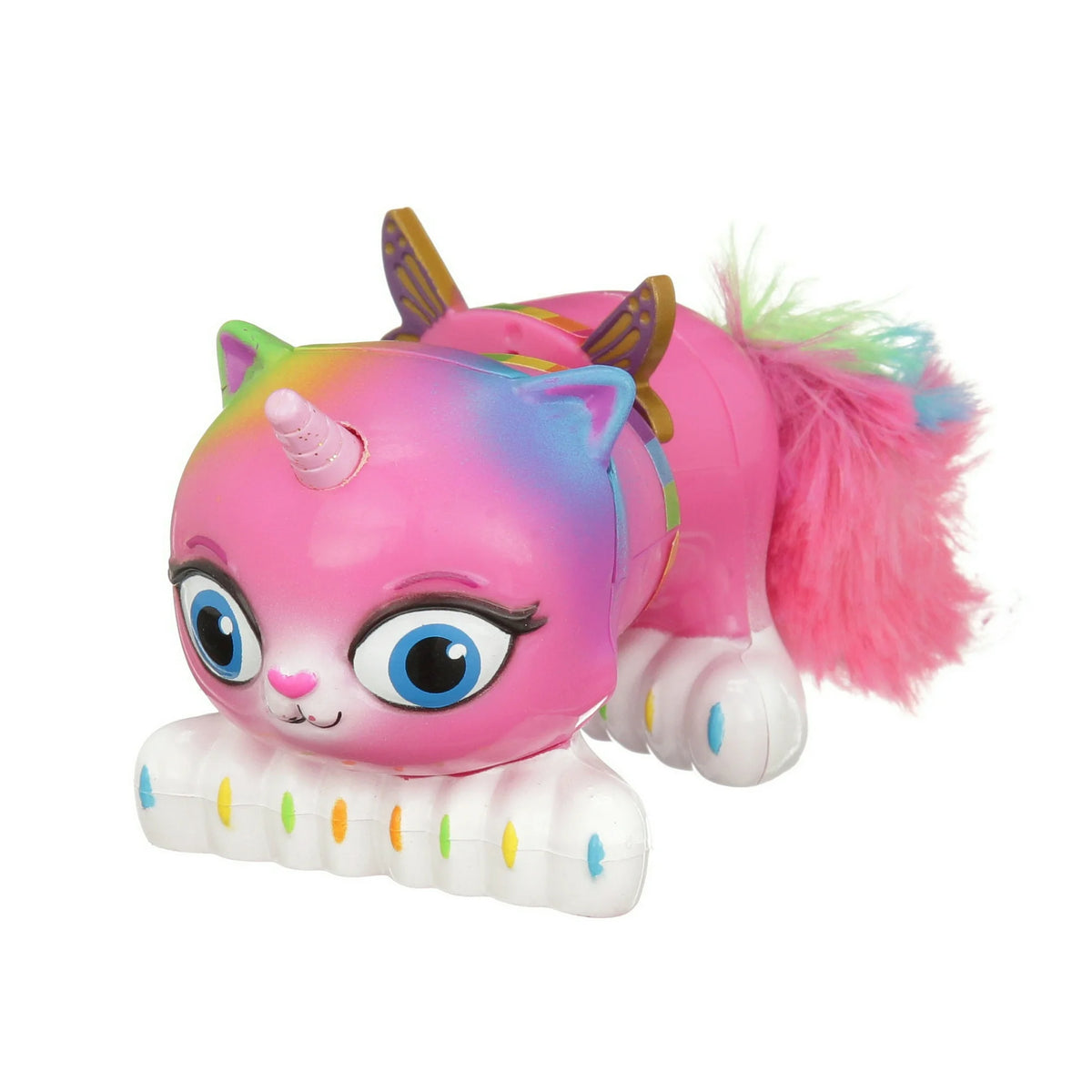 Pink unicorn kitty figure with big blue eyes, butterfly wings and a fluffy pink tail