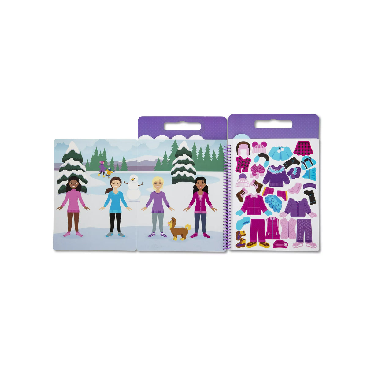 Snowy park scene with four girls and a sheet of coats, hats and boots stickers