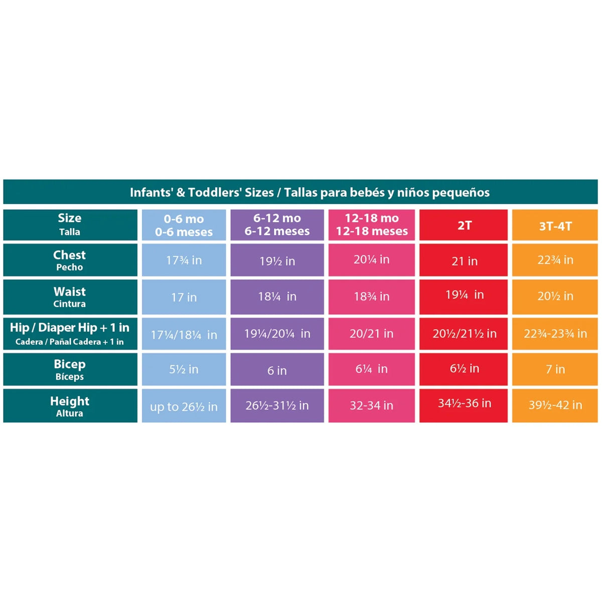 Infant and toddler costume size chart from 0-6 months to 3T-4T
