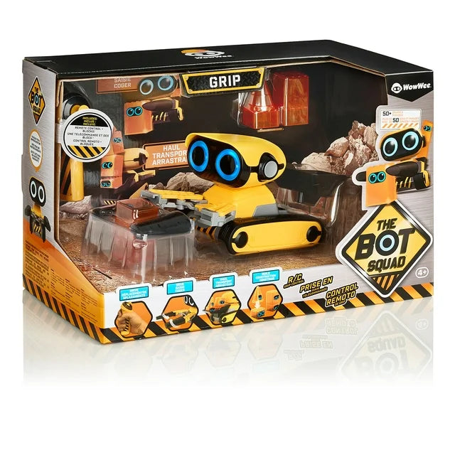 Construction robot in its yellow and black window box at an angle