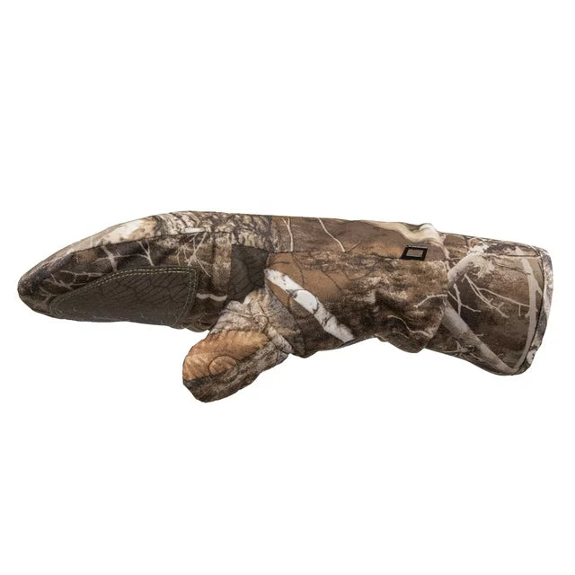 Side view of the camo flip-top mitten with grip palm