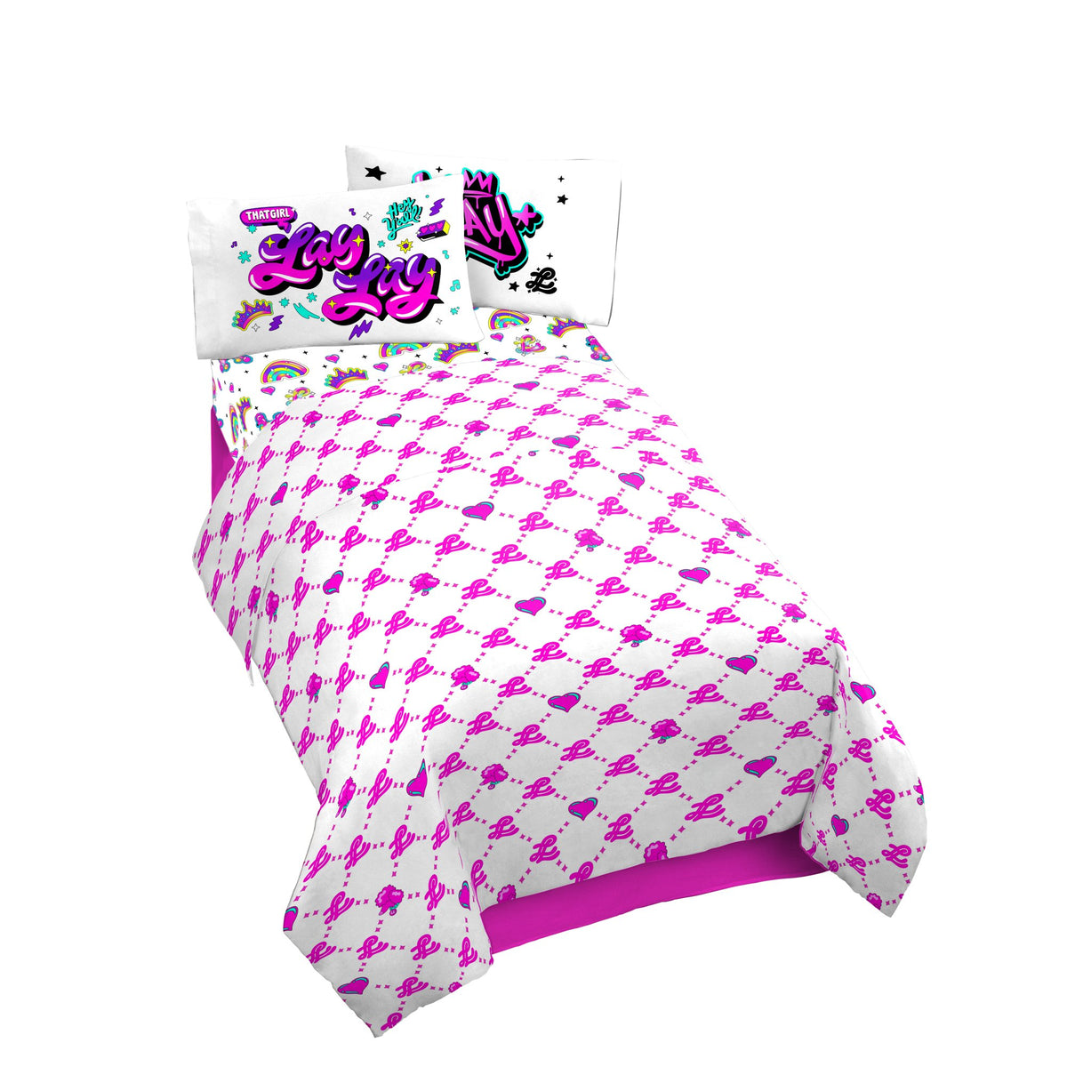 Bed made up with Lay Lay pink monogram sheets and two graffiti pillowcases