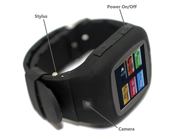Black watch phone with labels pointing to the stylus, power button and camera