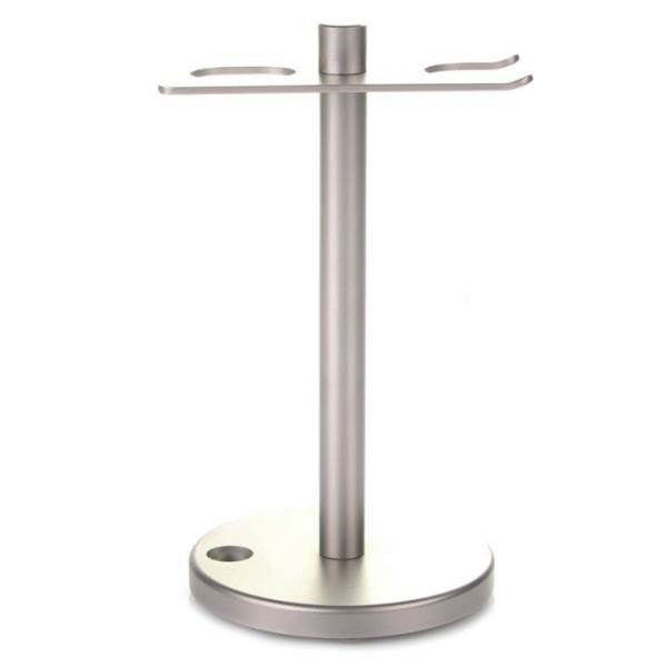Satin stainless steel razor and brush stand with a round weighted base