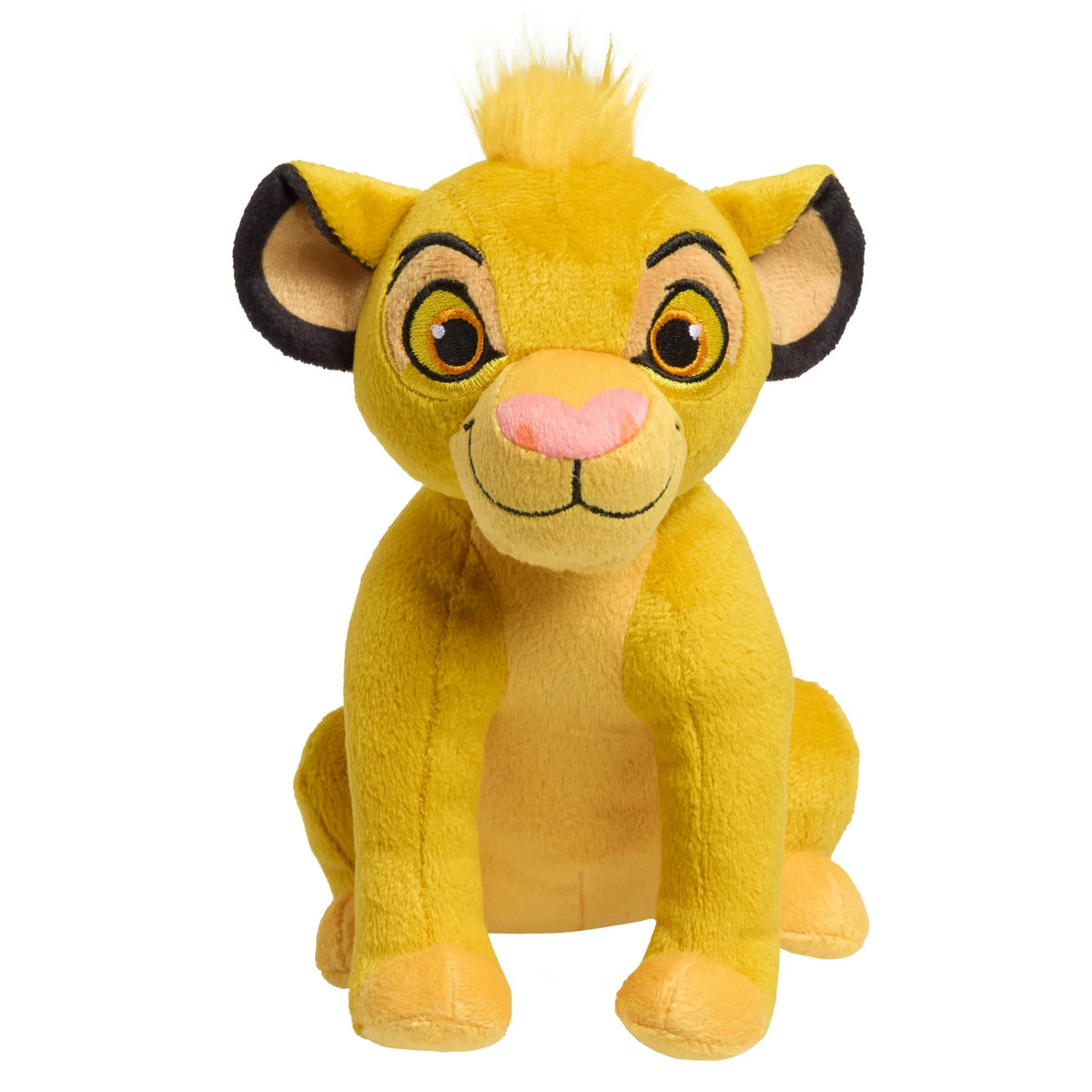 Yellow plush lion cub with an orange tuft of hair and black ear tips