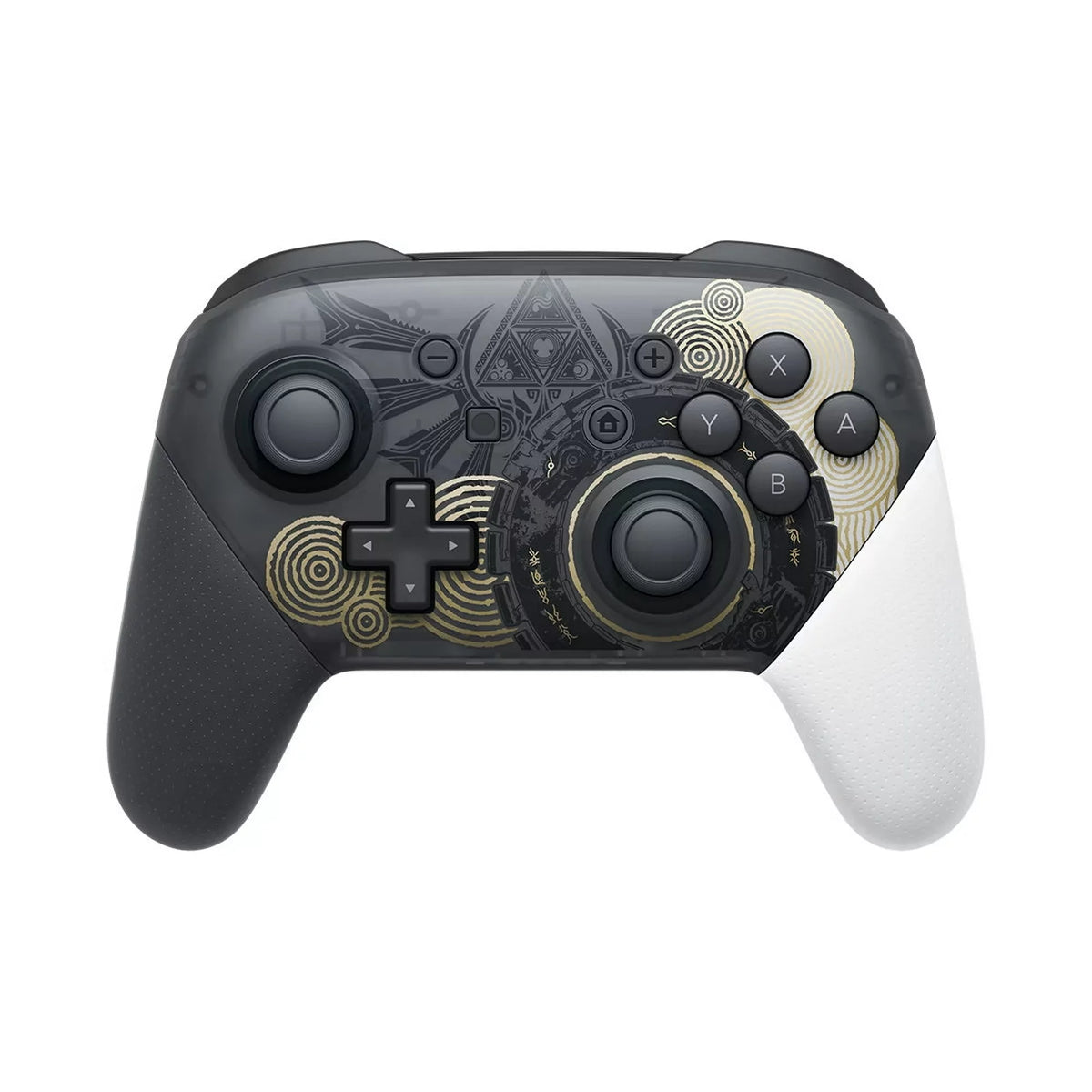 Front of the black and white Pro Controller with gold swirls and Triforce art