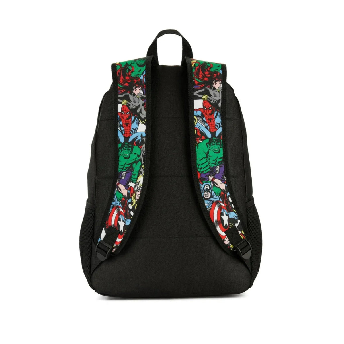 Back of the comic print backpack with black padding and printed shoulder straps