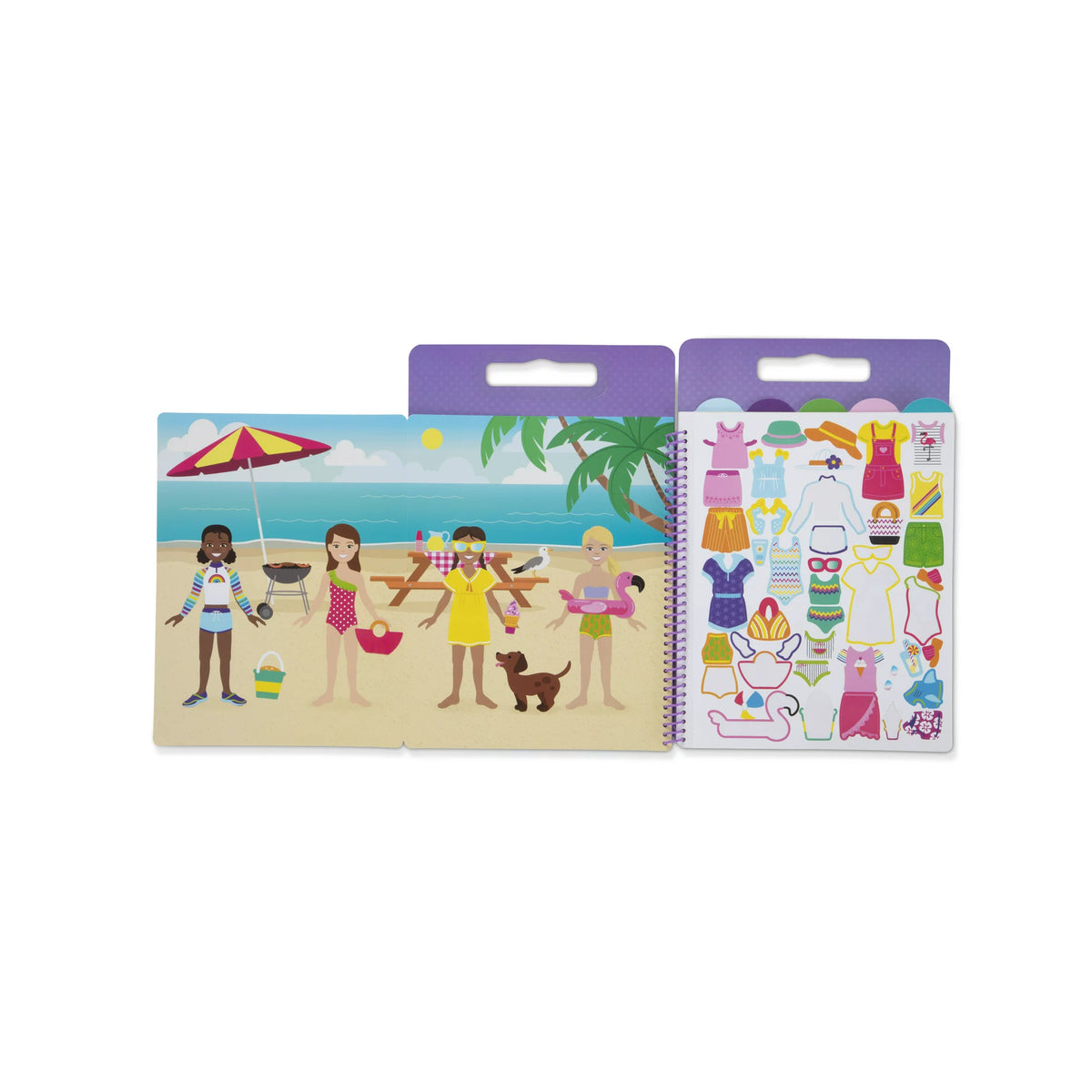 Fold-out beach scene with four girls and a sheet of swimwear and sun hat stickers