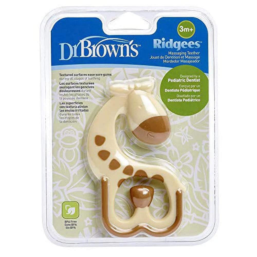 Giraffe massaging teether in a blue and green retail blister pack, 3 months and up