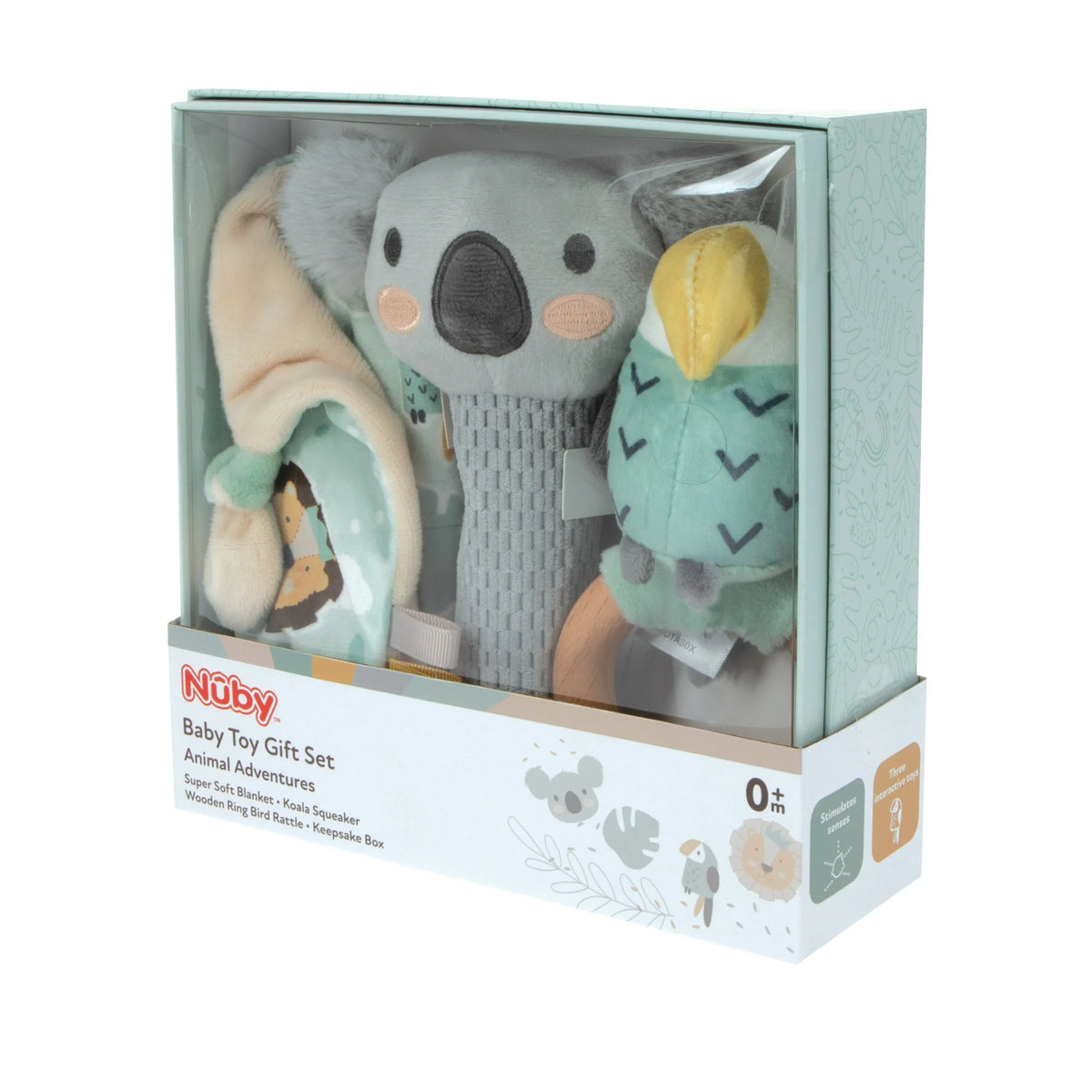 Angled view of the boxed baby gift set with koala squeaker and bird rattle