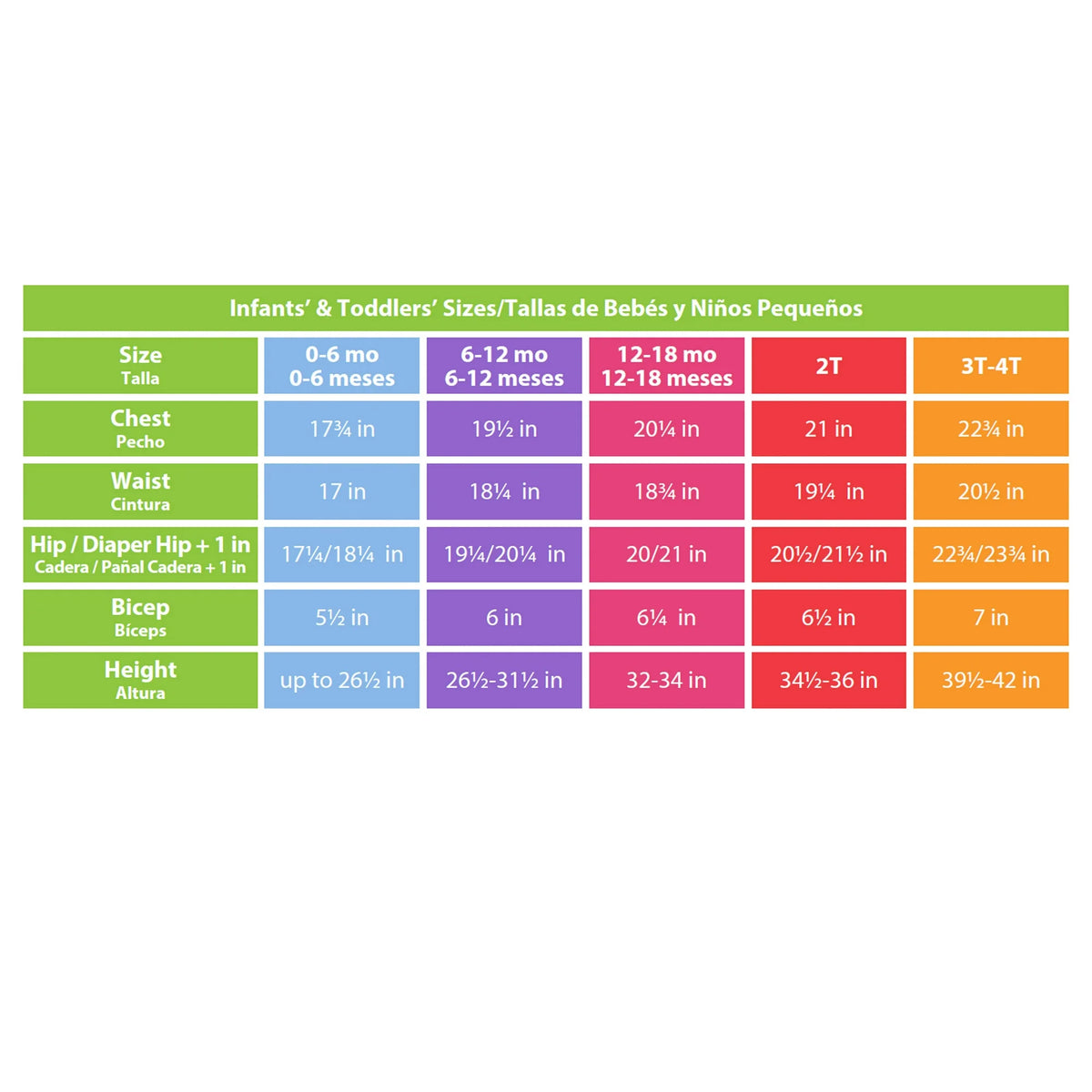 Infant and toddler costume size chart from 0-6 months to 3T-4T